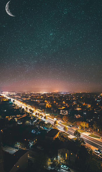 Night, City, View From Above, Dark, Starry Sky, Urban Landscape, Cityscape HD phone wallpaper