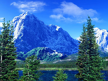 Blue mountain, blue, snowy, landscape, trees, nature, water, lake, mountain HD wallpaper