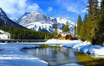 Emerald lake, Canada, winter, hills, landscape, beautiful, mountain, lake, cabin, emerald, reflection, snow, trees, canada HD wallpaper