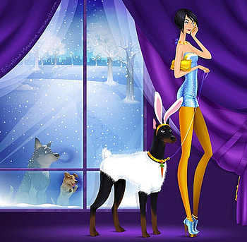 Funny Bunny, window, dogs, woman, bunny, humourous, snow, trees, ears, funny, humour HD wallpaper