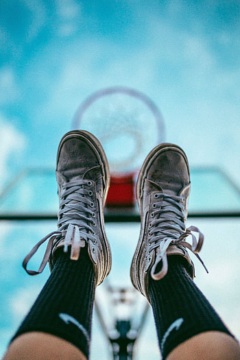 Sky, Miscellanea, Miscellaneous, Legs, Sneakers, Basketball Hoop, Basketball Ring, Shoes, Footwear HD phone wallpaper