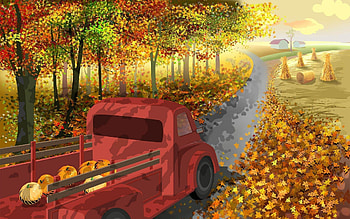 Farm in Fall, art, fall, orange, pumpkins, painting, field, autumn, road, nature, truck HD wallpaper