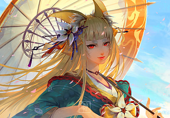 Izumi, fantasy, anime, katrina chiu, parasol, girl, fox, manga, art, yellow HD wallpaper