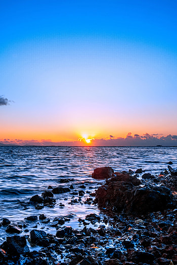 Nature, Sunset, Stones, Sea, Sun, Horizon HD phone wallpaper