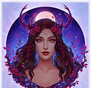Scarlett, luminos, girl, blue, night, frumusete, horns, midorisa, moon, fantasy, riikka sofia riekkinen, red, luna HD wallpaper