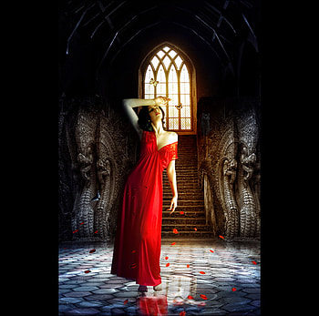 Lady in Red 2, lady, red, hot, women, cat, girls, castle, dress HD wallpaper