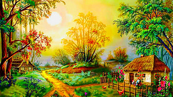 Village Sunrise, House, Cabin, Trees, Road, Flowers, Painting, Look HD wallpaper