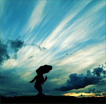 When you walk in a storm -, umbrella, rays, light, clouds, sun, woman, storm HD wallpaper