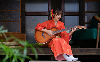Guitar, model, lady, pretty HD wallpaper