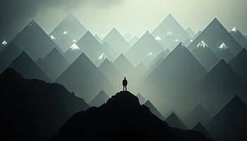 Silhouette Man Standing On Mountain With Glowing Pyramids, mountains, dark, sky, star, silhouette, pyramid, artist, artwork, art, digital-art, ai, deviantart HD wallpaper
