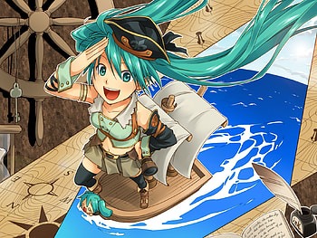 Captain Miku, boat, awesome, nice, waves, hatsune, chibi miku, map, ocean, hilarious, blue eyes, hatsune miku, compass, wheel, twintail, blue hair, anime, pretty, port, blue, ship, hachune miku, sails, cute, vocaloid, beauty, miku, brown, chibi, vocaloids, hat, sea, skirt, beautiful, adventure, cool, funny HD wallpaper