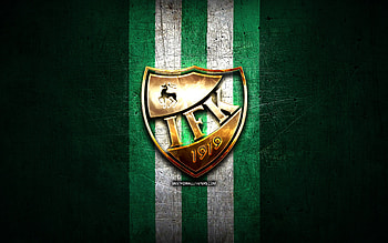 IFK Mariehamn FC, golden logo, Veikkausliiga, green metal background, football, finnish football club, IFK Mariehamn logo, soccer, IFK Mariehamn HD wallpaper
