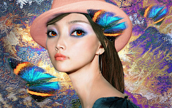 maiden_butterfly, butterlies, 3d, art, colors, paint, girl, hat HD wallpaper
