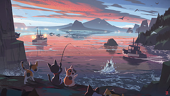 Cat Fishing , cat, artist, artwork, digital-art HD wallpaper
