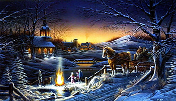 Sharing the Evening, river, winter, horse, people, church, artwork, painting, snow, bridge, campfire, sunset, cart HD wallpaper