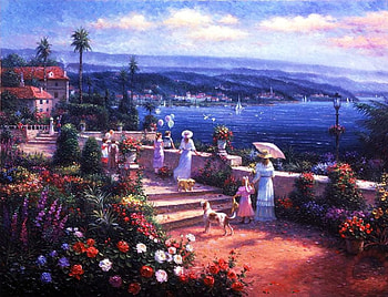 Coastal View, sea, artwork, stairs, path, clouds, women, wall HD wallpaper