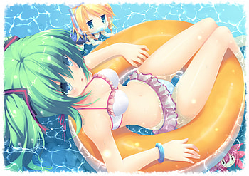 Hatsune Miku & Kagamine Rin, blue, luka, rin, cute, vocaloid, miku, chibi, vocaloids, hatsune, kagamine rin, megurine luka, water, sexy, inner tube, blue eyes, hatsune miku, twintail, snorkel, blue hair, bikini, beautiful, kagamine, anime, pretty, yellow hair, yellow, megurine, idol HD wallpaper
