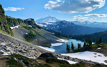 Mount Baker and Iceberg Lake, Deming, Washington, snow, trees, clouds, sky, mountains, usa HD wallpaper