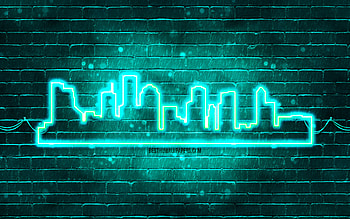 Houston turquoise neon silhouette, , turquoise neon lights, Houston skyline silhouette, turquoise brickwall, american cities, neon skyline silhouettes, USA, Houston silhouette, Houston HD wallpaper