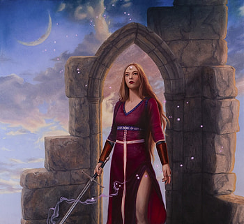 Priestess, iryna khymych, night, fantasy, moon, red, luna, girl HD wallpaper