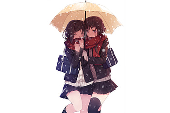 Anime girls, snowfall, umbrella, original HD wallpaper