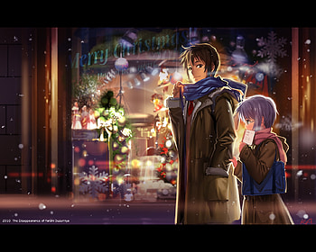 Kyon & Yuki, suzumiya haruhi no yuutsu, nagato yuki, anime, christmas, kyon HD wallpaper
