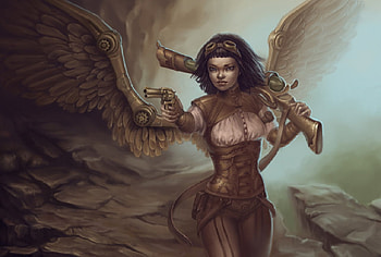 Steampunk Angel, guns, angel, metal wings, woman HD wallpaper