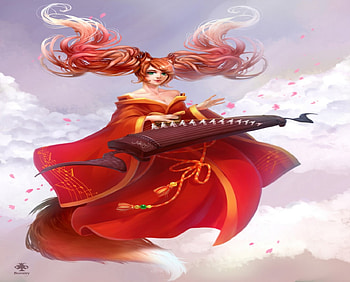 Sona Buvelle, flying, pink hair, long hair, twin tails, anime girl, rose, musical instrument, music, playing, petals, heaven, flower, league of legends, cherry blossom, cloud, female HD wallpaper