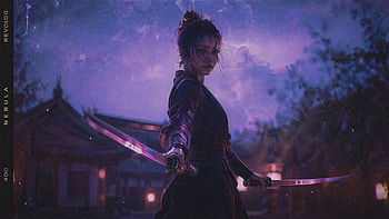 Dual-Sword Nightfall —, Dual Sword, Samurai, Katana, Warrior, Woman HD wallpaper