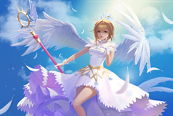 Card Captor Sakura, blue, wings, white, anime, yukino karasawa, sakura, girl, manga, pink HD wallpaper