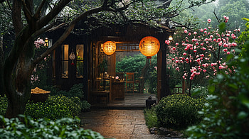 Serene Tea House: A Escape into Nature, tea house, garden, patio, lantern, flower HD wallpaper