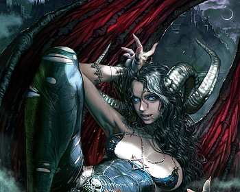 Demoness, kyu yong eom, fantasy, demon, art, girl, dark HD wallpaper