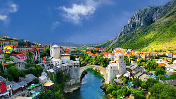 fantastic town in a river valley, river, valley, town, bridges, mountains HD wallpaper