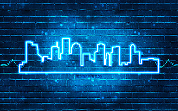 Houston blue neon silhouette, , blue neon lights, Houston skyline silhouette, blue brickwall, american cities, neon skyline silhouettes, USA, Houston silhouette, Houston HD wallpaper
