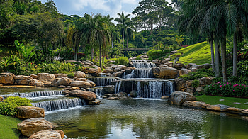 Tropical Creek Oasis: Lush Palms & Waterfall, creek, grass, palm tree, tropical, nature HD wallpaper