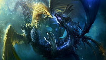 Dragons fighting, fight, yellow, blue, ukraine, fantasy, dragon HD wallpaper