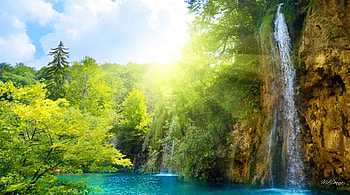 Waterfall Light, relaxing, morning, sunlight, waterfalls, spring, summer, waterfall, trees, pool, sky, mountains, pond HD wallpaper