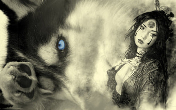 Sleeping dog, dog, blue, fantasy, woman HD wallpaper