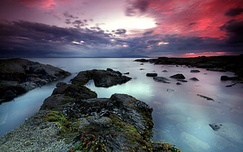 Sunset, sea, colorful, colors, rocks, clouds, nature, sky, ocean HD wallpaper