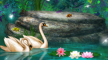 Swans in Lotus Pond, water, artwork, birds, painting, pair, frog, flowers HD wallpaper