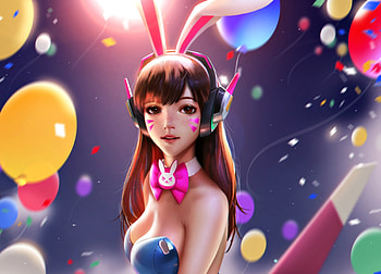 Dream, mercy, colorful, girl, dva, dream girl, bunny, party, fantasy, liang xing, overwatch, ears, balloon, luminos HD wallpaper