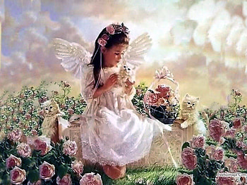 Angel With Kittens, painting, fantasy, sky, flowers, angel, girl, kittens HD wallpaper