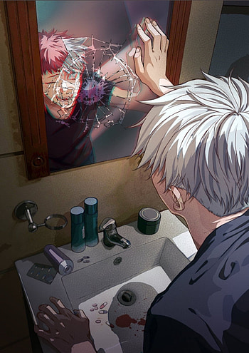 Jujutsu Kaisen, art, mirror, tableware, yuji, sink, wc, gojo HD phone wallpaper
