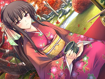 haveing tea, kimono, tea, brunette, autum, girl, grass, outdoors, anime, pretty, trees, blush, hair ribbon HD wallpaper