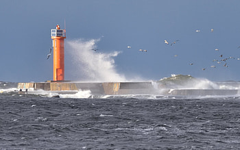 Lighthouse at Storm, sea, Latvia, lighthouse, wave HD wallpaper