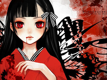 BloodSucker, kimono, scary, yukata, gloom, cute, red eyes, long hair, darkness, scare, abstract, sinister, blood, female, sexy, ribbon, hot, evil, girl, gloomy, black hair, anime girl, anime, angry HD wallpaper