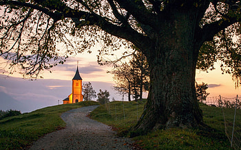 Church in Slovenian Mountains, clouds, sky, sunset, tree, landscape HD wallpaper