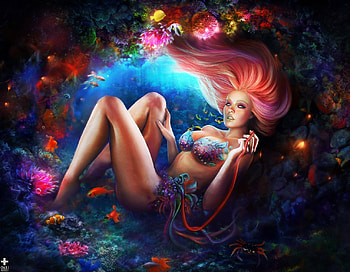 Not a mermaid, omrikoresh, art, girl, omri koresh, summer, fantasy, fish, luminos, water, vara HD wallpaper
