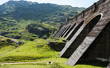 Dam, grass, mountain, masonary HD wallpaper