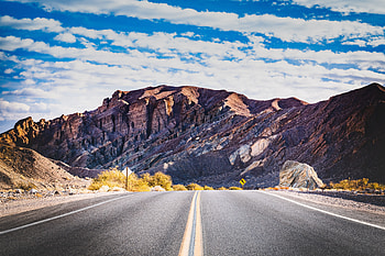 Highway, lone road, journey, mountains, landscape HD wallpaper
